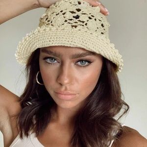 Princess Polly Goodwin crochet knit grandma core summer bucket hat in beige NWTs